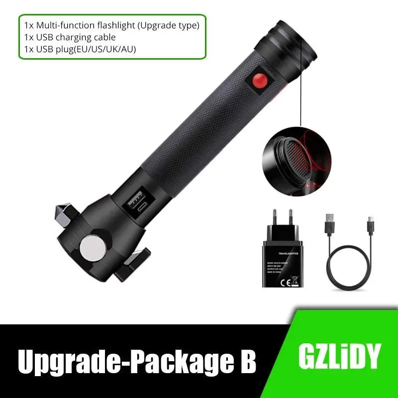 USB Rechargeable Solar LED Flashlight - Multi-function Emergency Torch with Safety Hammer, Mobile Power, Compass for Outdoor Activities - Trekker Essentials