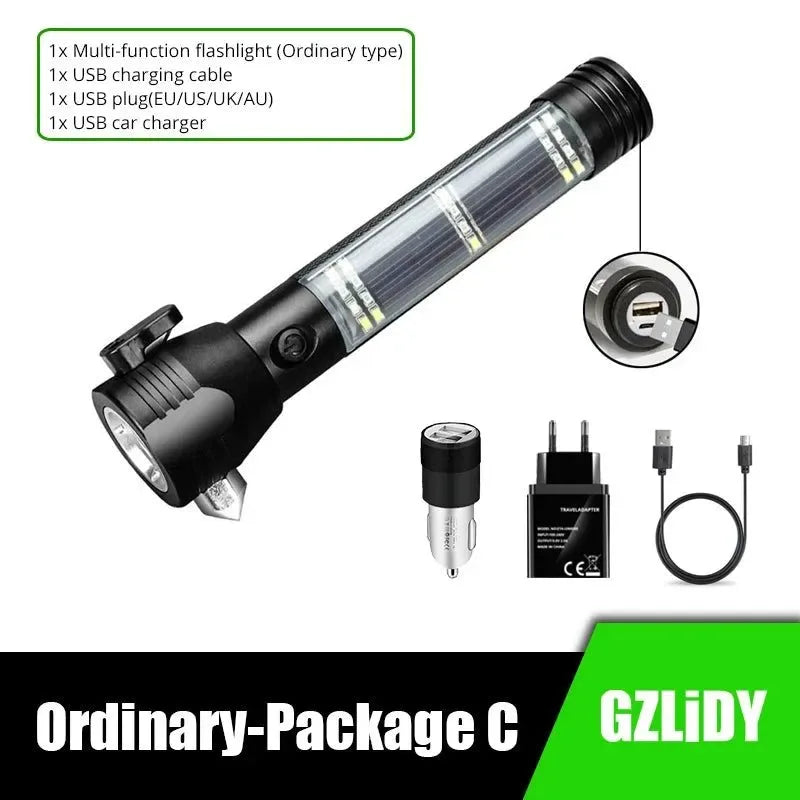 USB Rechargeable Solar LED Flashlight - Multi-function Emergency Torch with Safety Hammer, Mobile Power, Compass for Outdoor Activities - Trekker Essentials