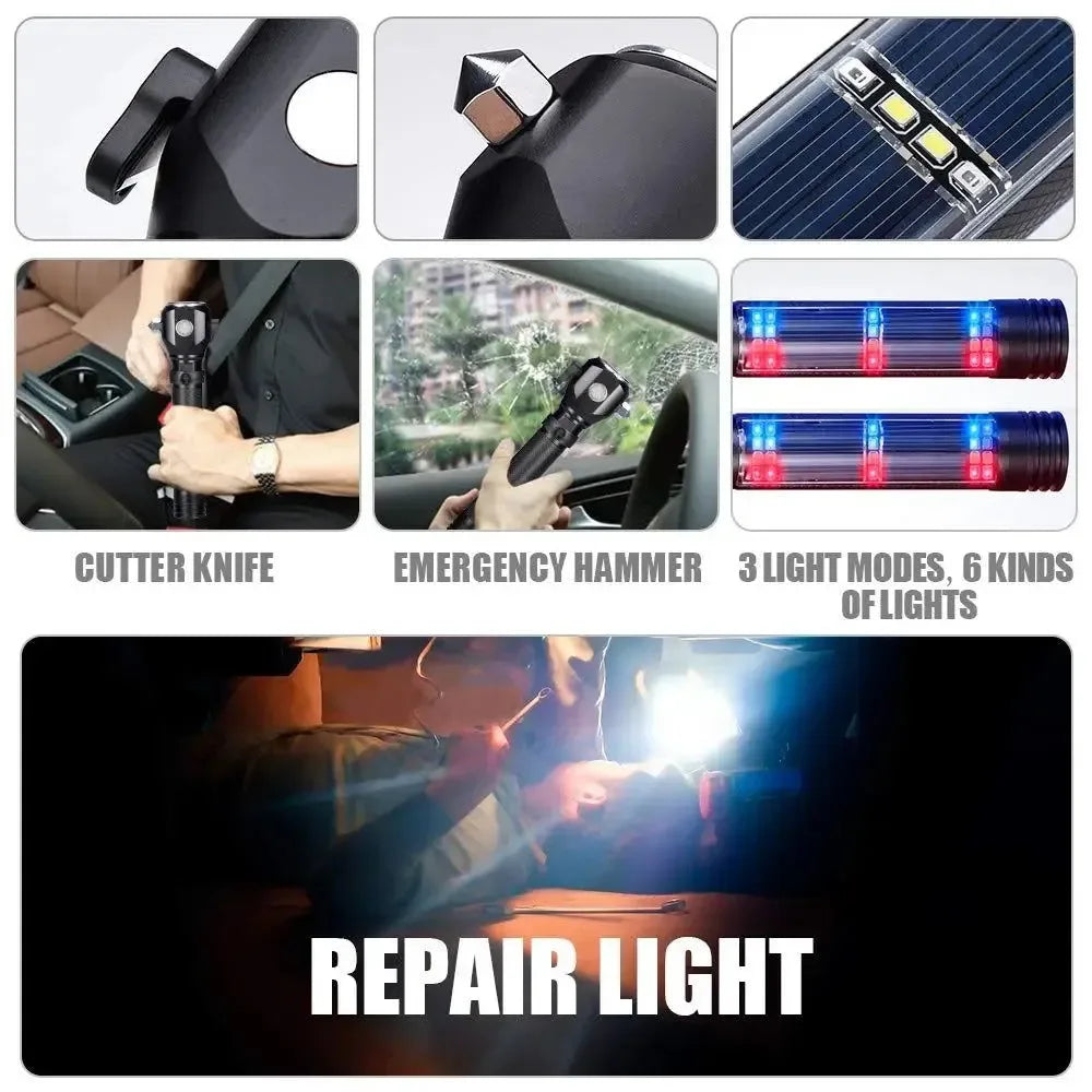 USB Rechargeable Solar LED Flashlight - Multi-function Emergency Torch with Safety Hammer, Mobile Power, Compass for Outdoor Activities - Trekker Essentials