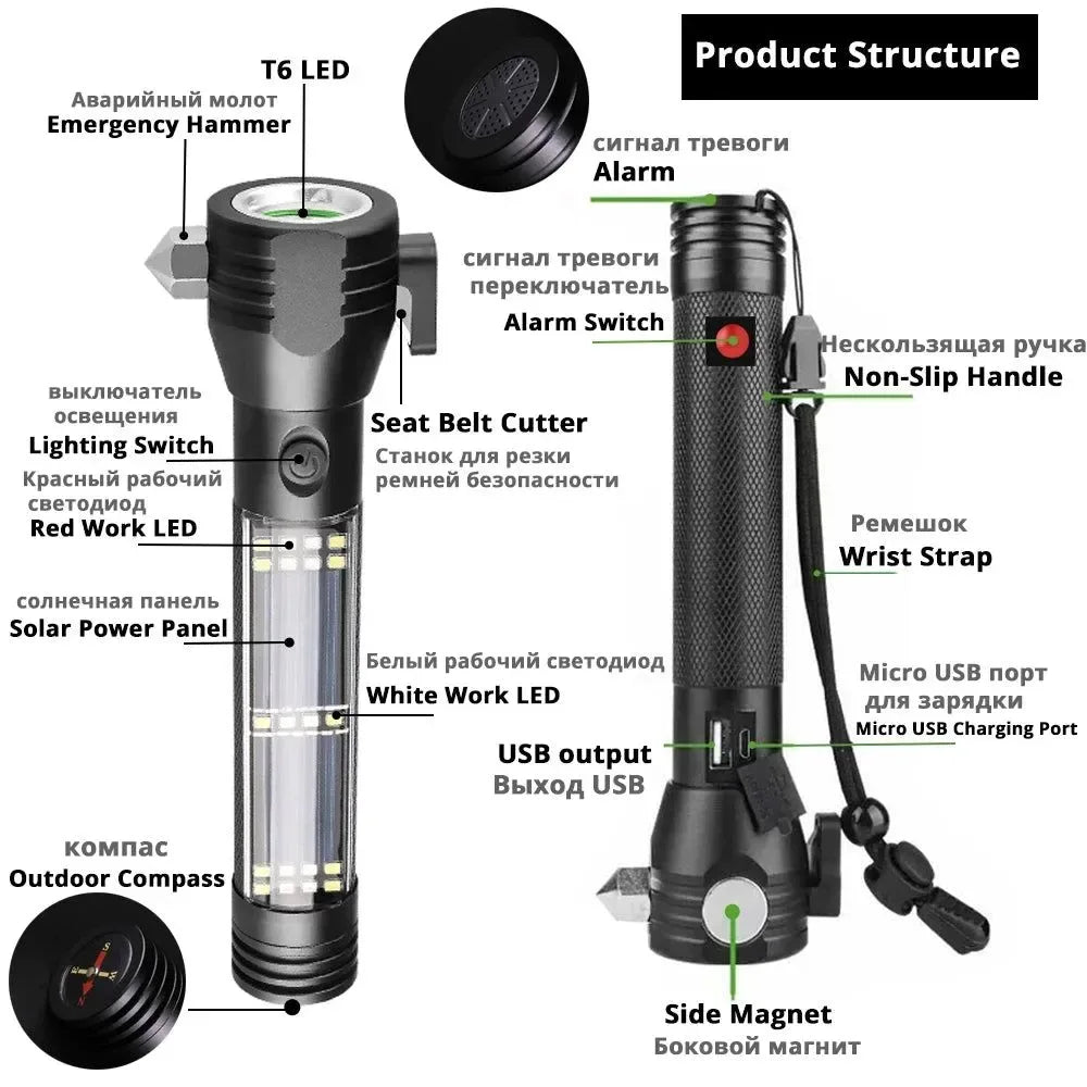 USB Rechargeable Solar LED Flashlight - Multi-function Emergency Torch with Safety Hammer, Mobile Power, Compass for Outdoor Activities - Trekker Essentials