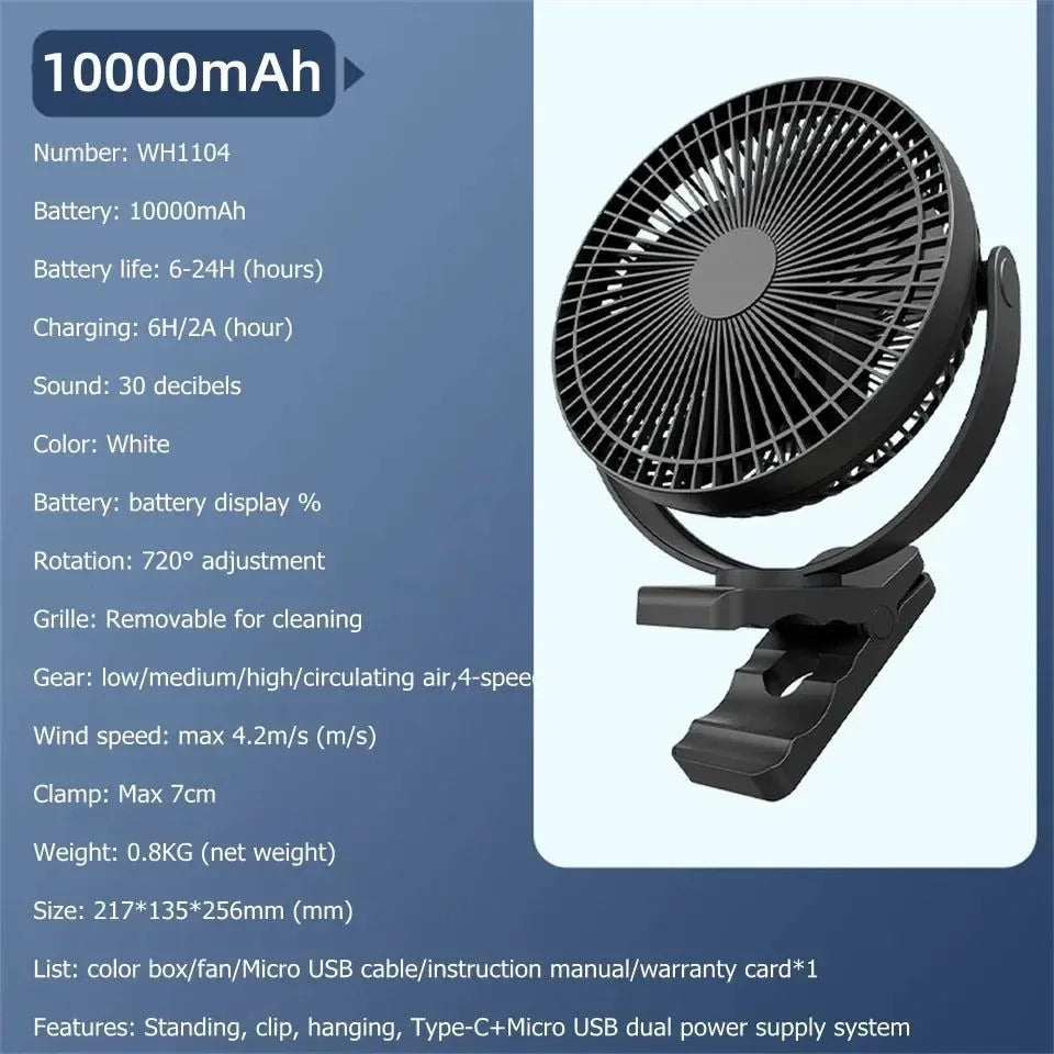 USB Rechargeable Wireless Table & Ceiling Fan – 10000mAh Battery, 4-Speed Adjustable - Trekker Essentials