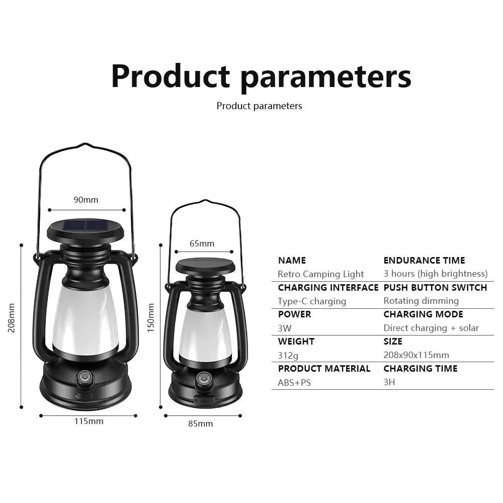 USB & Solar Rechargeable Camping Lantern – Portable LED Tent Light with 3000K–5000K Dimming, Waterproof Outdoor Lamp - Trekker Essentials
