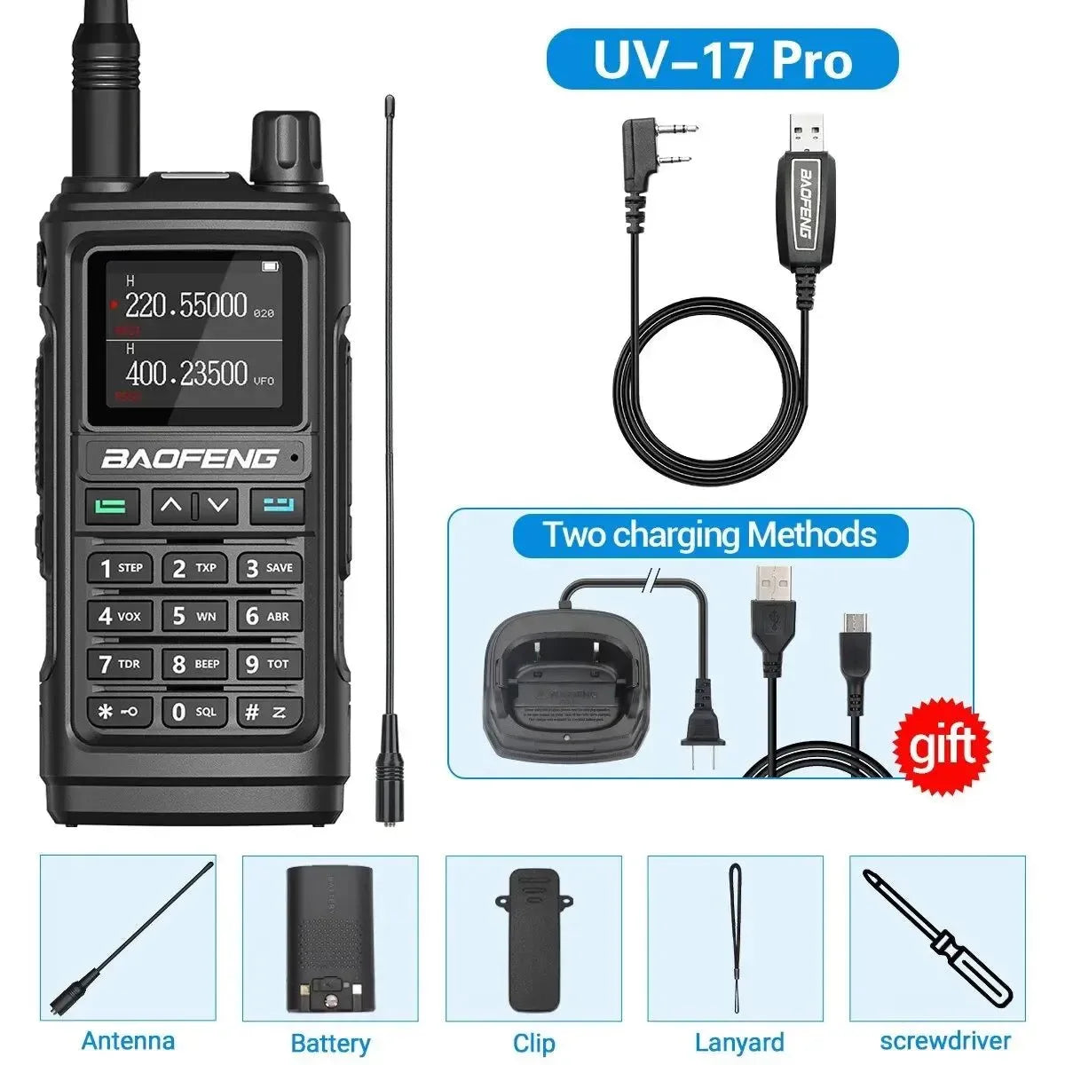 UV-17 Pro Wireless Walkie Talkie with 16 KM Long Range, Flashlight, Type-C Charger, Ham Radio - UV-17 Pro L K5 5R - Trekker Essentials