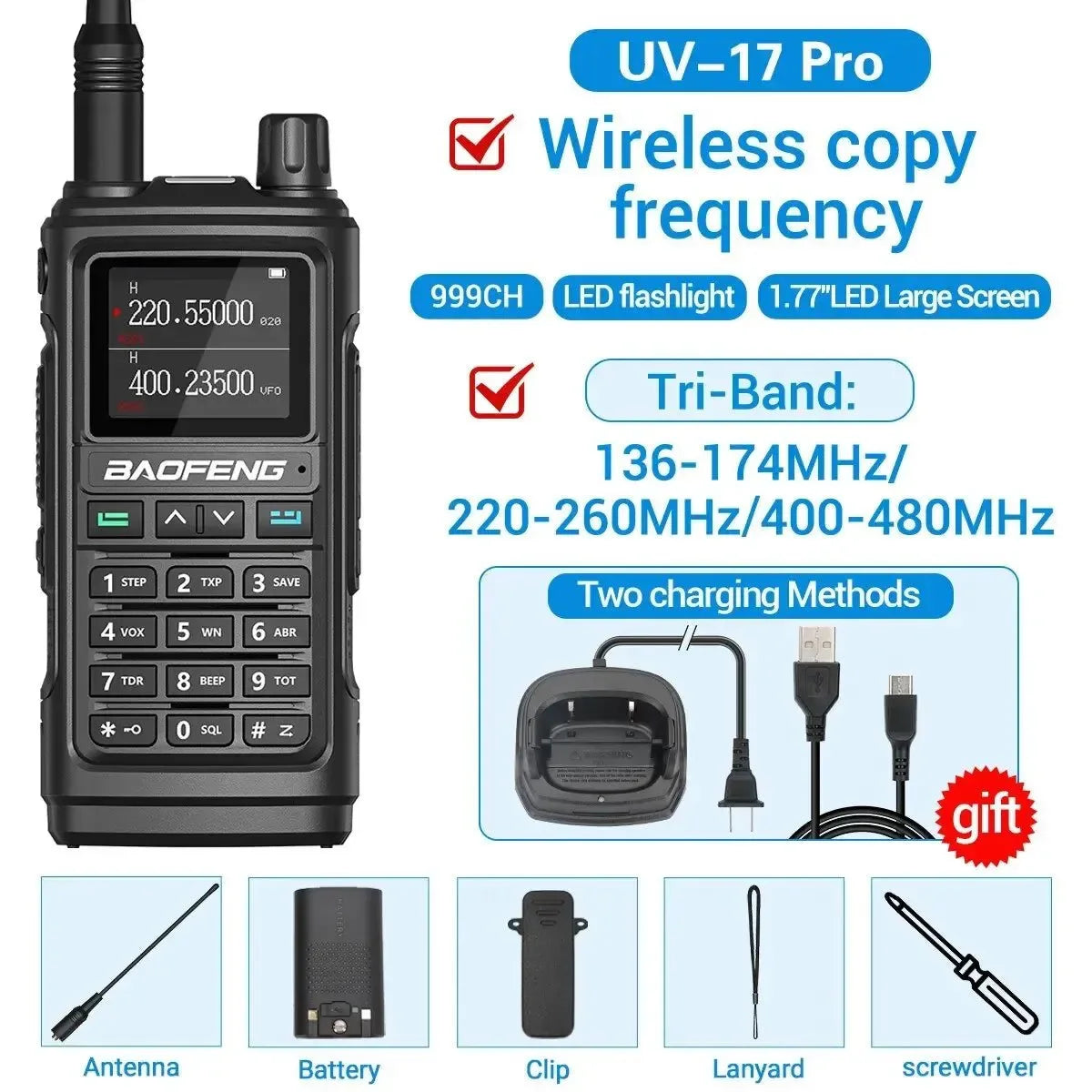 UV-17 Pro Wireless Walkie Talkie with 16 KM Long Range, Flashlight, Type-C Charger, Ham Radio - UV-17 Pro L K5 5R - Trekker Essentials