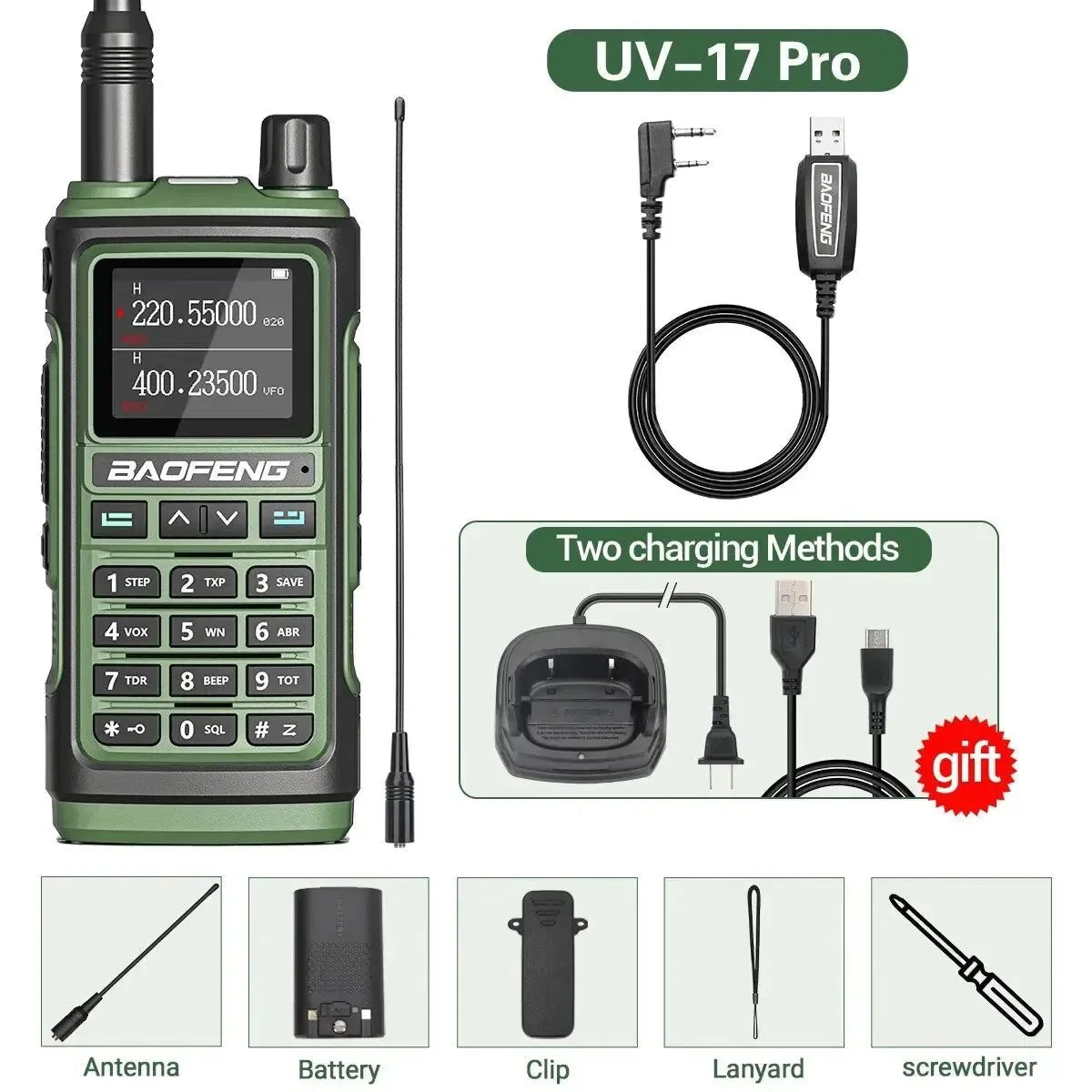 UV-17 Pro Wireless Walkie Talkie with 16 KM Long Range, Flashlight, Type-C Charger, Ham Radio - UV-17 Pro L K5 5R - Trekker Essentials