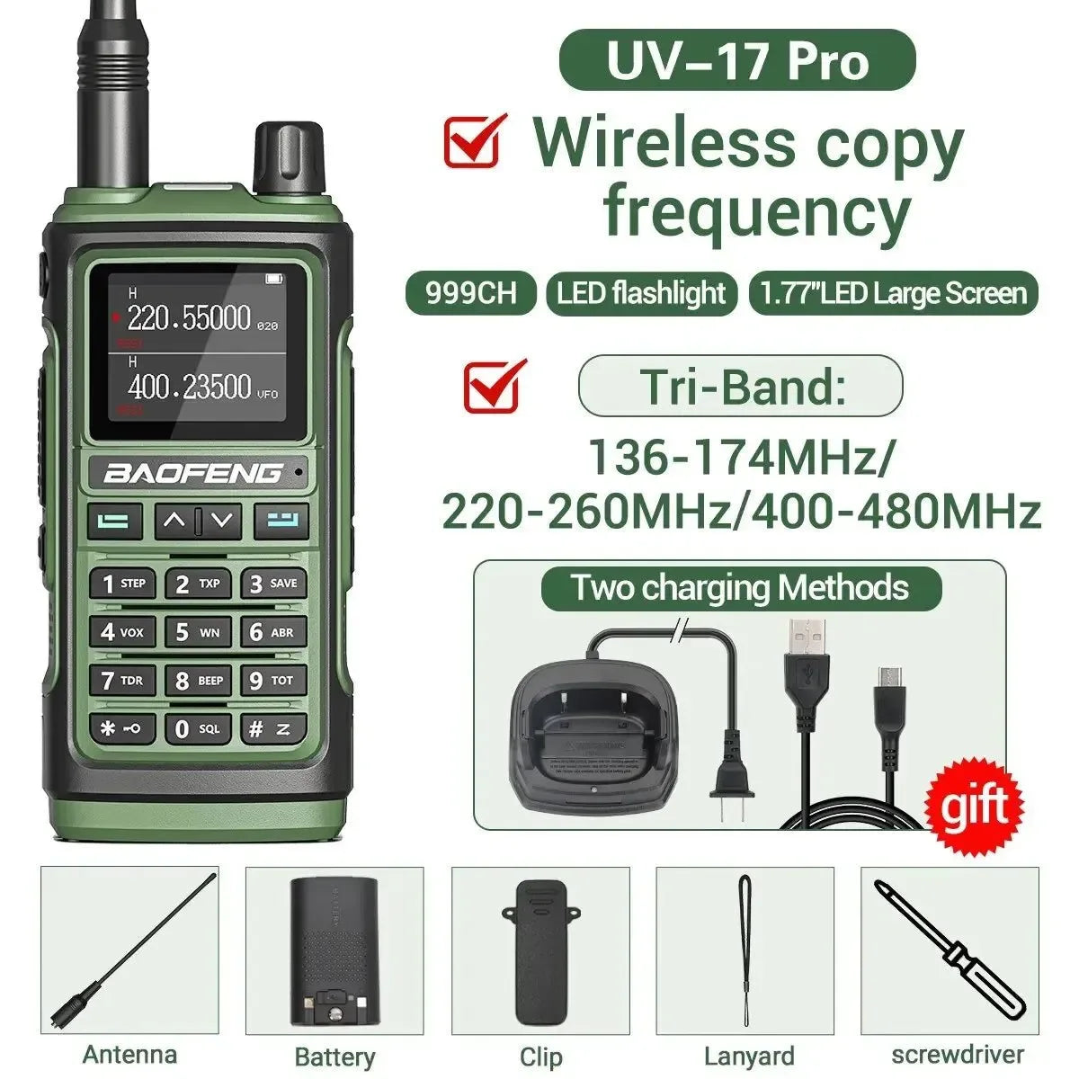 UV-17 Pro Wireless Walkie Talkie with 16 KM Long Range, Flashlight, Type-C Charger, Ham Radio - UV-17 Pro L K5 5R - Trekker Essentials
