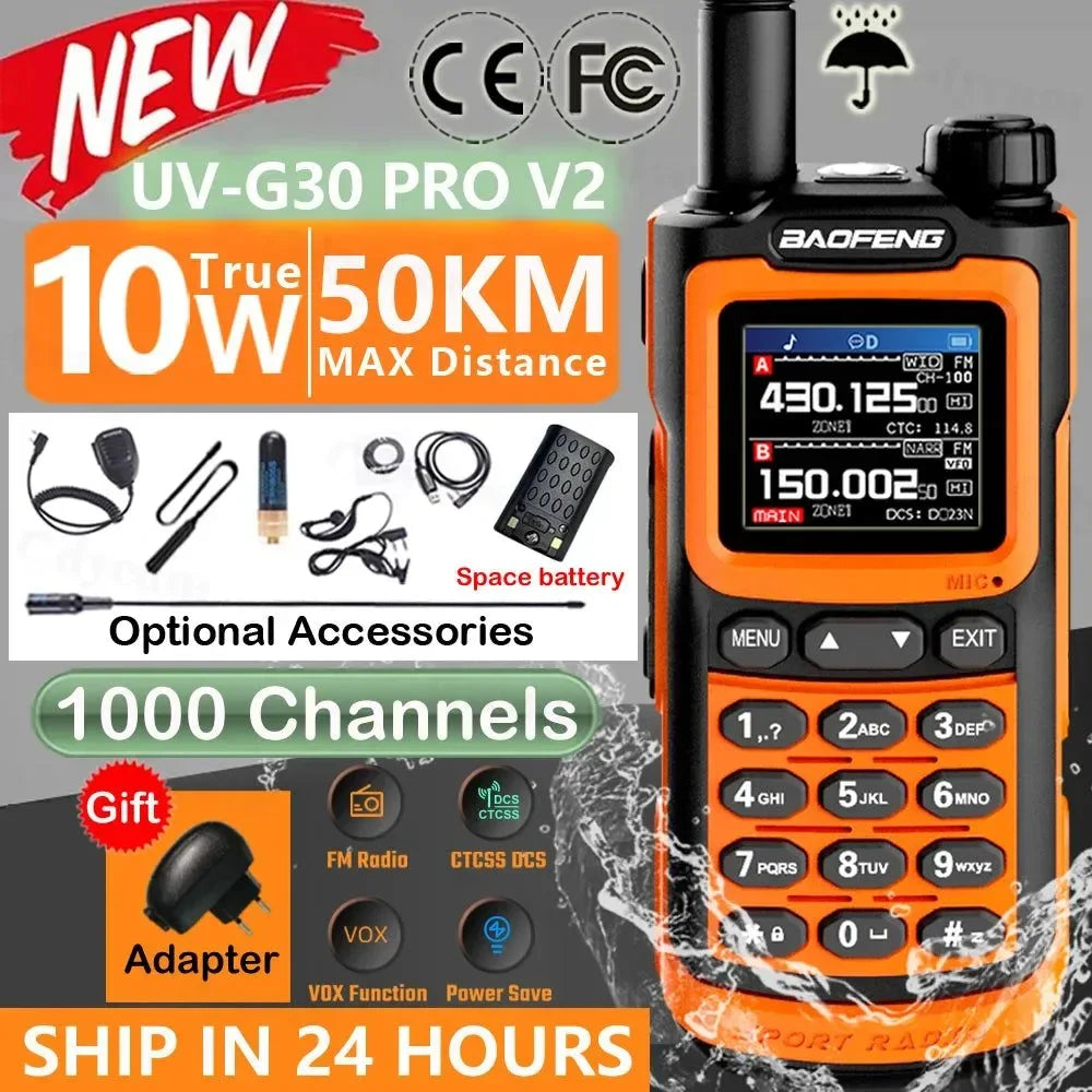 UV-G30 Pro Walkie Talkie, Long Range, 1000 Channel, Portable Ham FM Radios, UHF VHF, USB-C Charge, Waterproof 2-Way Radio - Trekker Essentials