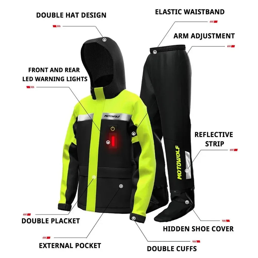 Waterproof Motorcycle Rain Jacket and Pants with LED Alert - Reflective Impermeable Suit for Outdoor Riding - Trekker Essentials
