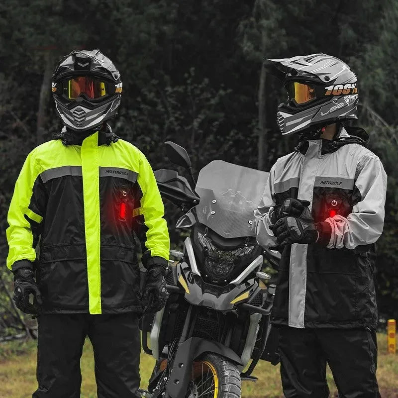 Waterproof Motorcycle Rain Jacket and Pants with LED Alert - Reflective Impermeable Suit for Outdoor Riding - Trekker Essentials