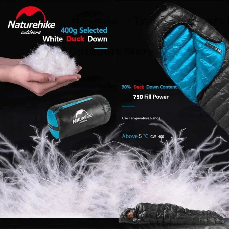 Winter 750FP Duck Down Hooded Sleeping Bag - Waterproof Ultralight Single for Camping - Trekker Essentials