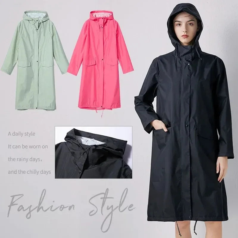 Women's Stylish Long Waterproof Raincoat with Hood for Outdoor Activities - Trekker Essentials